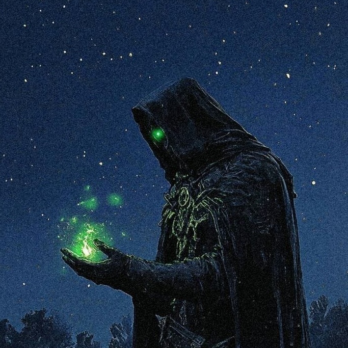 A hooded figure holding a green light beneath a starry sky